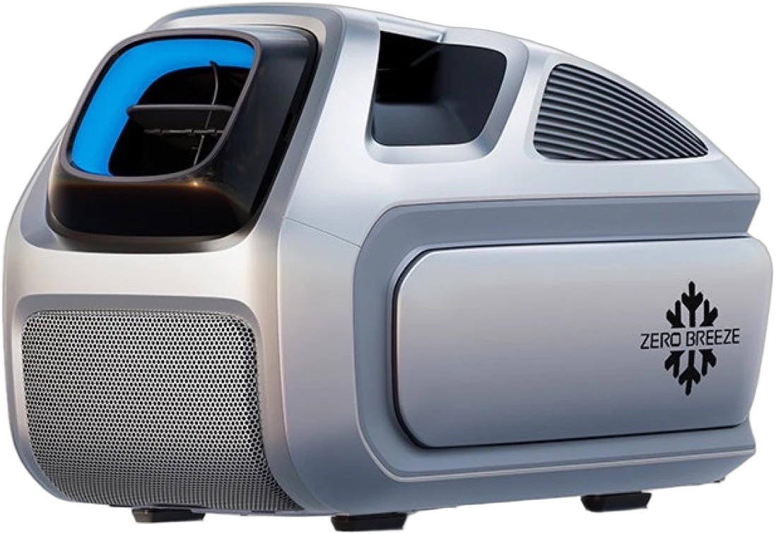 Zero Breeze Mark 3 portable air conditioner, silver, with its front vent lit blue